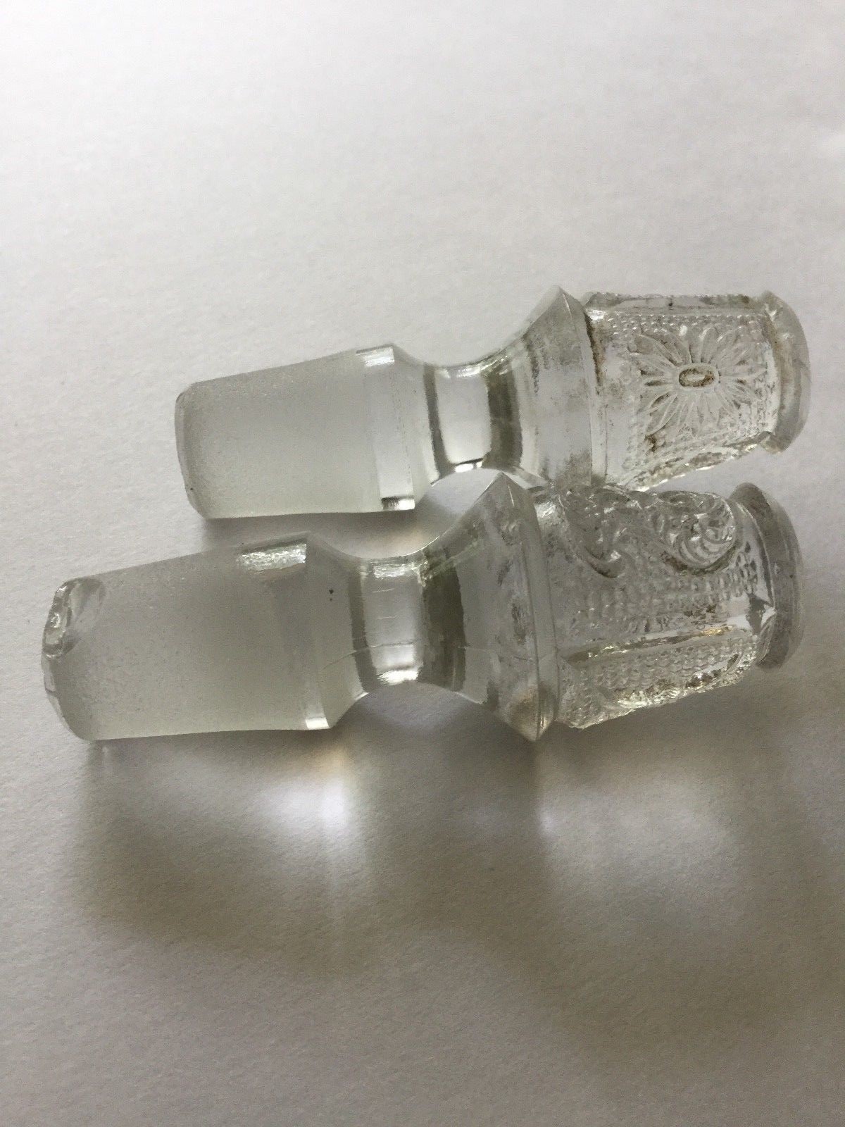 Pair of 20th Century Small Pitchers w/ Stoppers, Decorative Pressed Glass