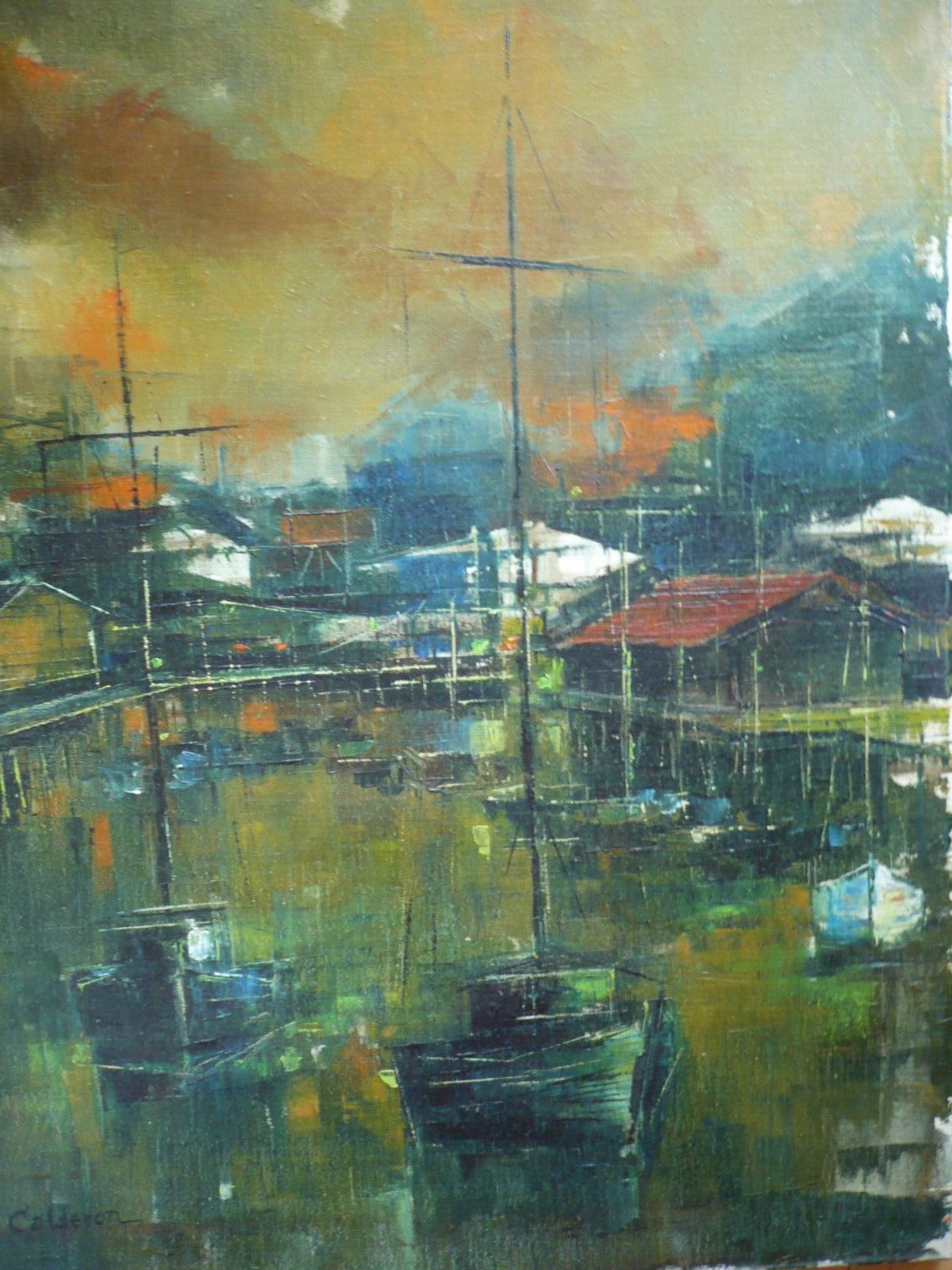 CALDERON, CUBIST CUBISM HARBOR BOATS MODERN IMPRESSIONIST, VINTAGE SIGNED OIL