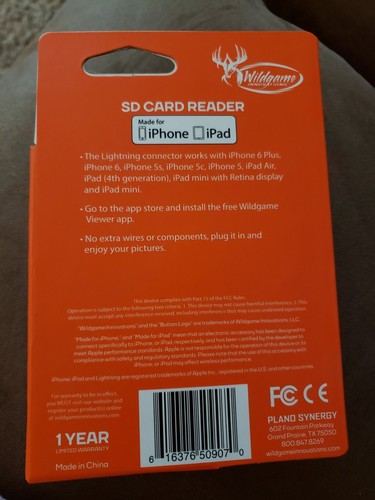 Wildgame Innovations SD Card Reader iPhone iPad New in Package