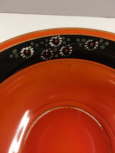 Vintage Art Deco Bowl Orange & Black W/ Floral Design Painted Unsigned Enamel