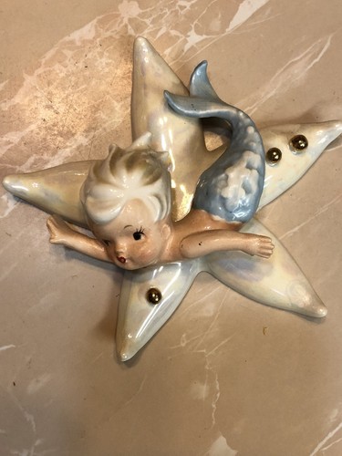 Vintage NORCREST Japan Mermaid Blue Merboy on Starfish Wall Plaque Hanging MINT