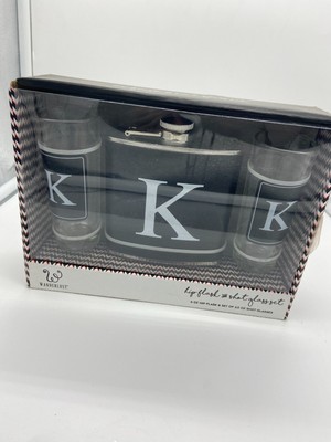 Brand New Home Essentials Hip Flask and Shot Glass Set Initial K