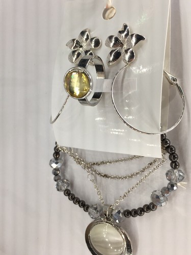 Silver jewelry set, Necklace w/ pendant, Flower studs, hoops, ring & bracelet