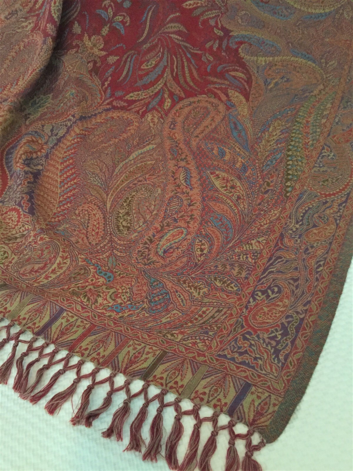 KASHMIRI ANTIQUE-STYLE WOOL SOFA PAISLEY THROW BLANKET INDIA RED MULTI TAN NIP
