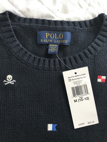 NEW Polo Ralph Lauren Boys Skull And Bones Flag Crew Sweater M Medium 10-12 NWT