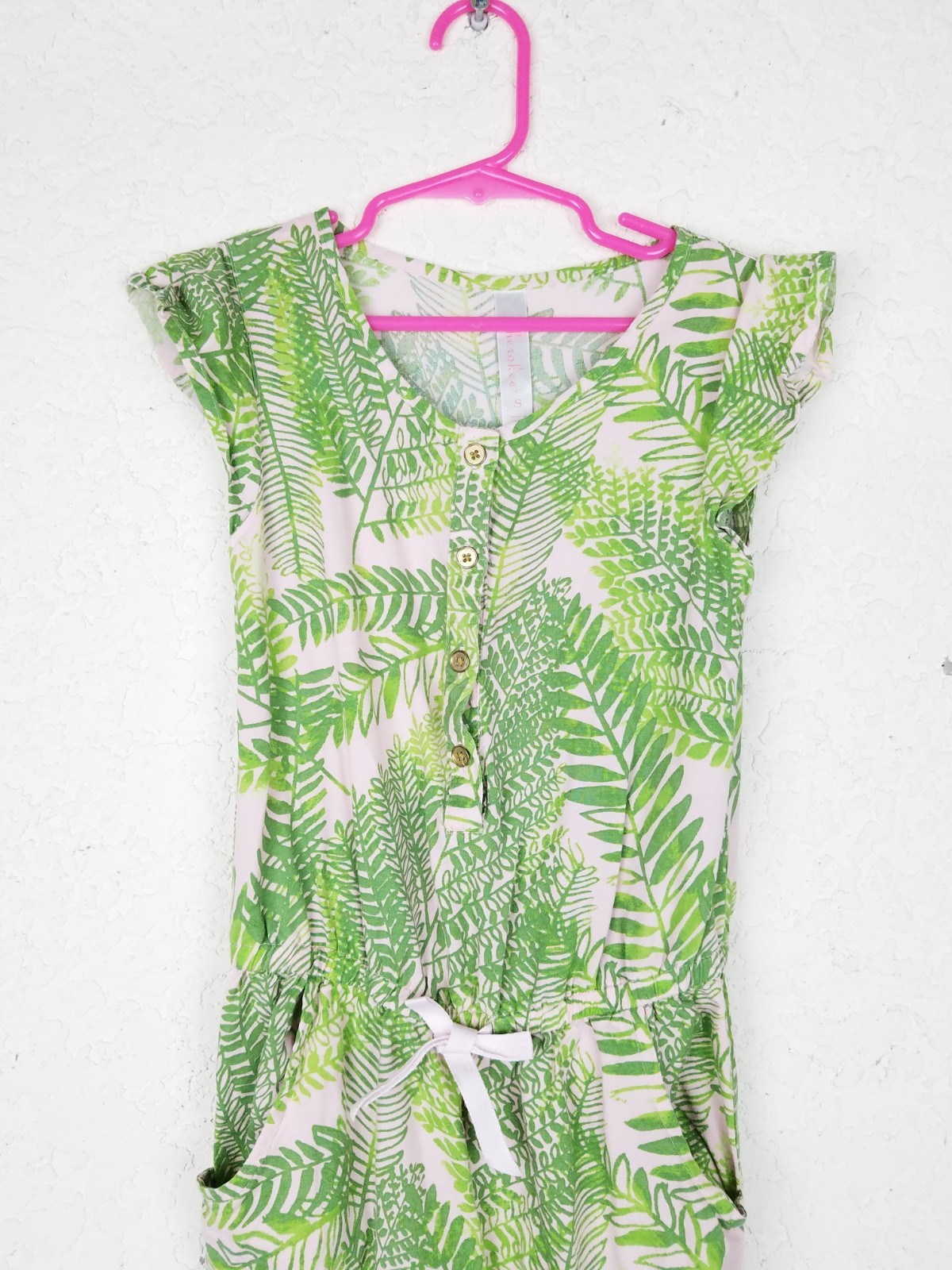 Cherokee GIRL romper size S leaves short sleeves green pockets belt buttons