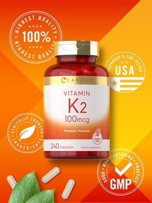 Vitamin K2 100mcg | K2 MK-4 | 240 Capsules | Non-GMO & Gluten Free | by Carlyle