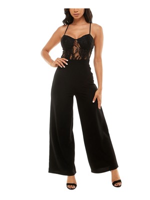 ALMOST FAMOUS Womens Black Adjustable Straps Cami Wide Leg Jumpsuit Juniors L