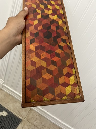 Vintage 1960’s Geometric Tumbling Blocks Hand Painted On Wood Painting MCM