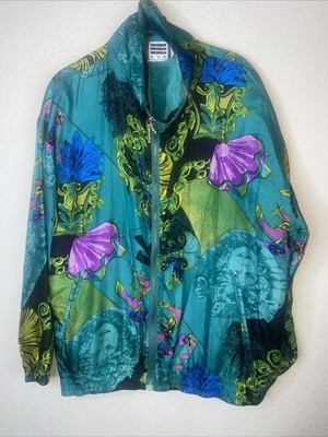 Vintage EVR 100% Silk track floral art Women L Jacket luxury disco retro 80