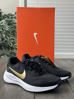 Nike Women's US6.5 Wide 4E Revolution 7 Wide Black Metallic Gold White FZ6829002