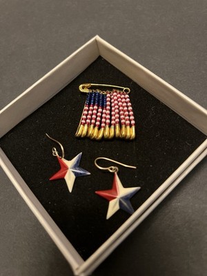 1980s Patriotic Flag Pin & Star Earrings Pierced 4th Of July