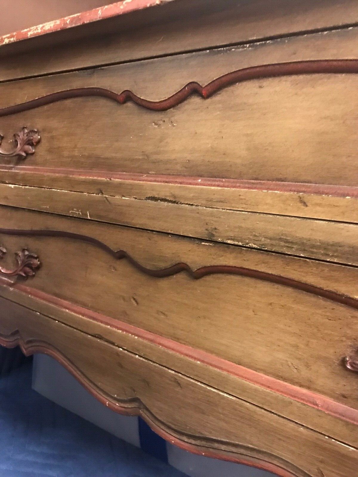 Vintage Chest of Drawers Distressed w/Red Trim Cabriole Legs French Style