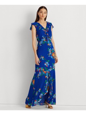

LAUREN RALPH LAUREN Женское коктейльное платье макси с короткими рукавами синего цвета на подкладке, Синий