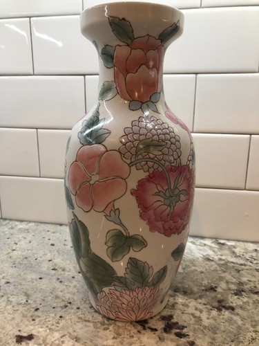 Vtg Chinese Porcelain Pink Green Blue Peach Floral White Flower Vase 10.5