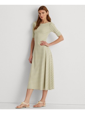 

Женское зеленое полосатое платье миди с вырезом лодочкой RALPH LAUREN с рукавом 3/4 + расклешенное платье, Зеленый