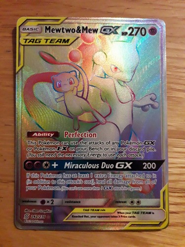 Pokemon Card Mewtwo And Mew GX Unified Minds Rainbow Secret