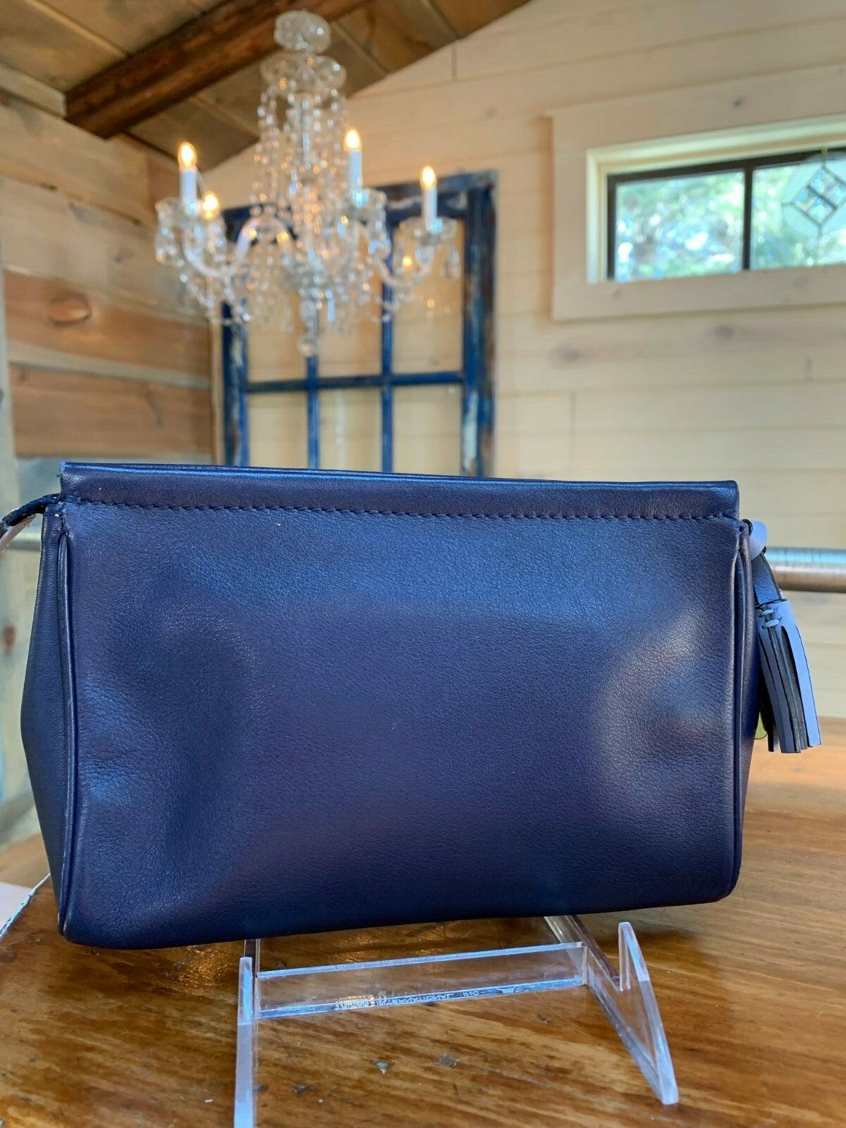 COACH Color Block Blue Tassels Clutch Leather Zip Purse Cosmetic Hand Bag