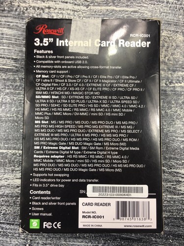 Rosewill  RCR-IC001 Internal Card Reader+USB 2.0 Port Fits 3.5