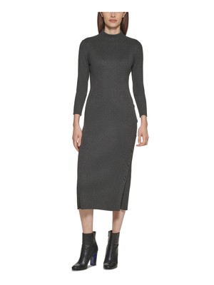 

CALVIN KLEIN Женское платье-свитер в рубчик с рукавом 3/4 и воротником-стойкой миди для работы на работу, Серый