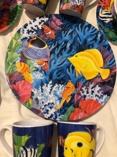 EVOLUTION BY SAKURA Fish Aquarium Ocean 16 Pieces! Dish Set Service for 4, Cute!