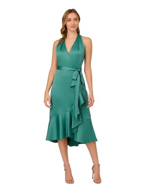 ADRIANNA PAPELL Womens Green Cascading Ruffle Trim Tie Belt Midi Dress 6
