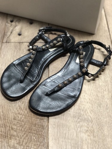 BALENCIAGA Leather Studded Accents T-Strap Sandals Size 37