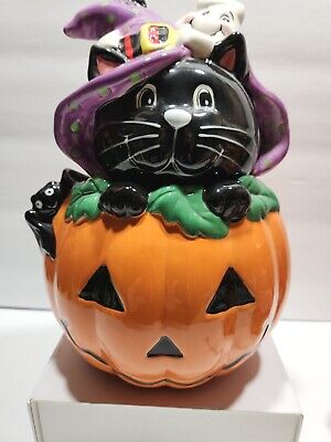David's Cookies Halloween Black Cat Pumpkin Ghost Ceramic 12 in Cookie Jar