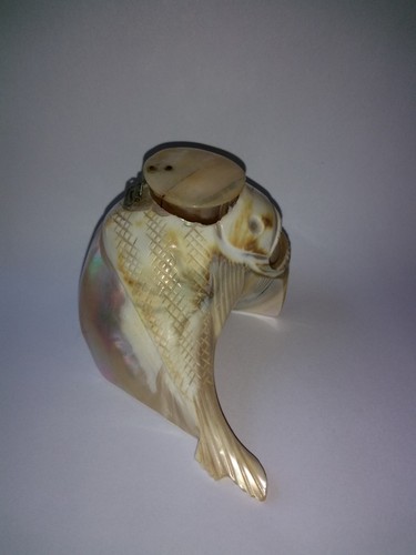 Vintage Carved Shell Fish Ink Well Glass Insert Abalone