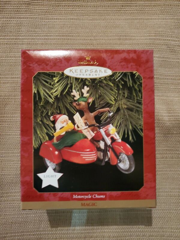 Hallmark Motorcycle Chums Magic Ornament Santa and Reindeer Light 1997 NOS