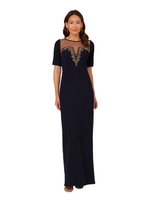 ADRIANNA PAPELL Womens Navy Back Lined Elbow Sleeve Formal Gown Dress 4