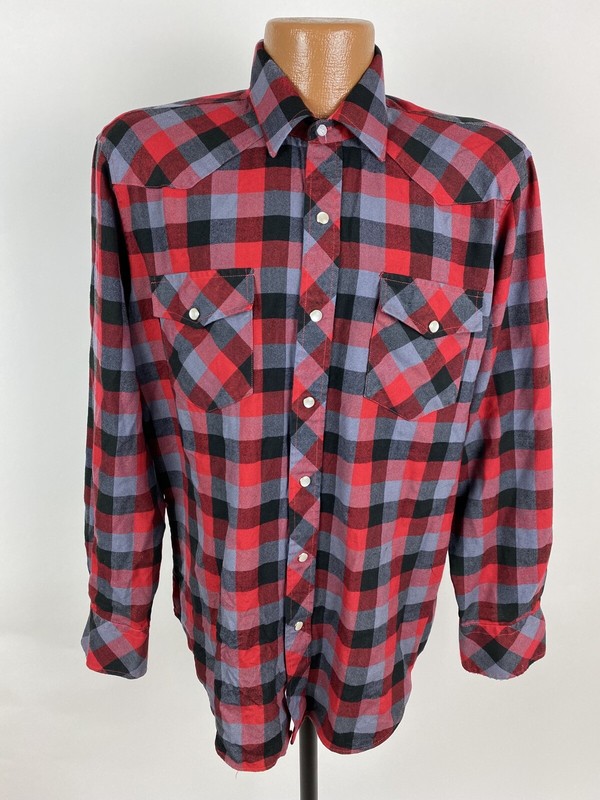Vintage Greatland Flannel Western Shirt M Red Gray Check Pearl Snap Acrylic FLAW