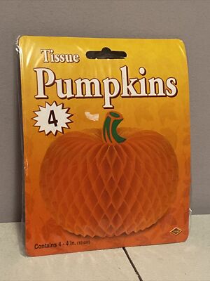 Vintage Halloween Beistle 4- 4'' Orange Tissue Pumpkin Centerpiece  1991