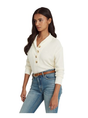 

RALPH LAUREN Женский вафельный трикотажный топ цвета слоновой кости с отделкой на 4 пуговицах с длинными рукавами и воротником-стойкой, Цвет слоновой кости