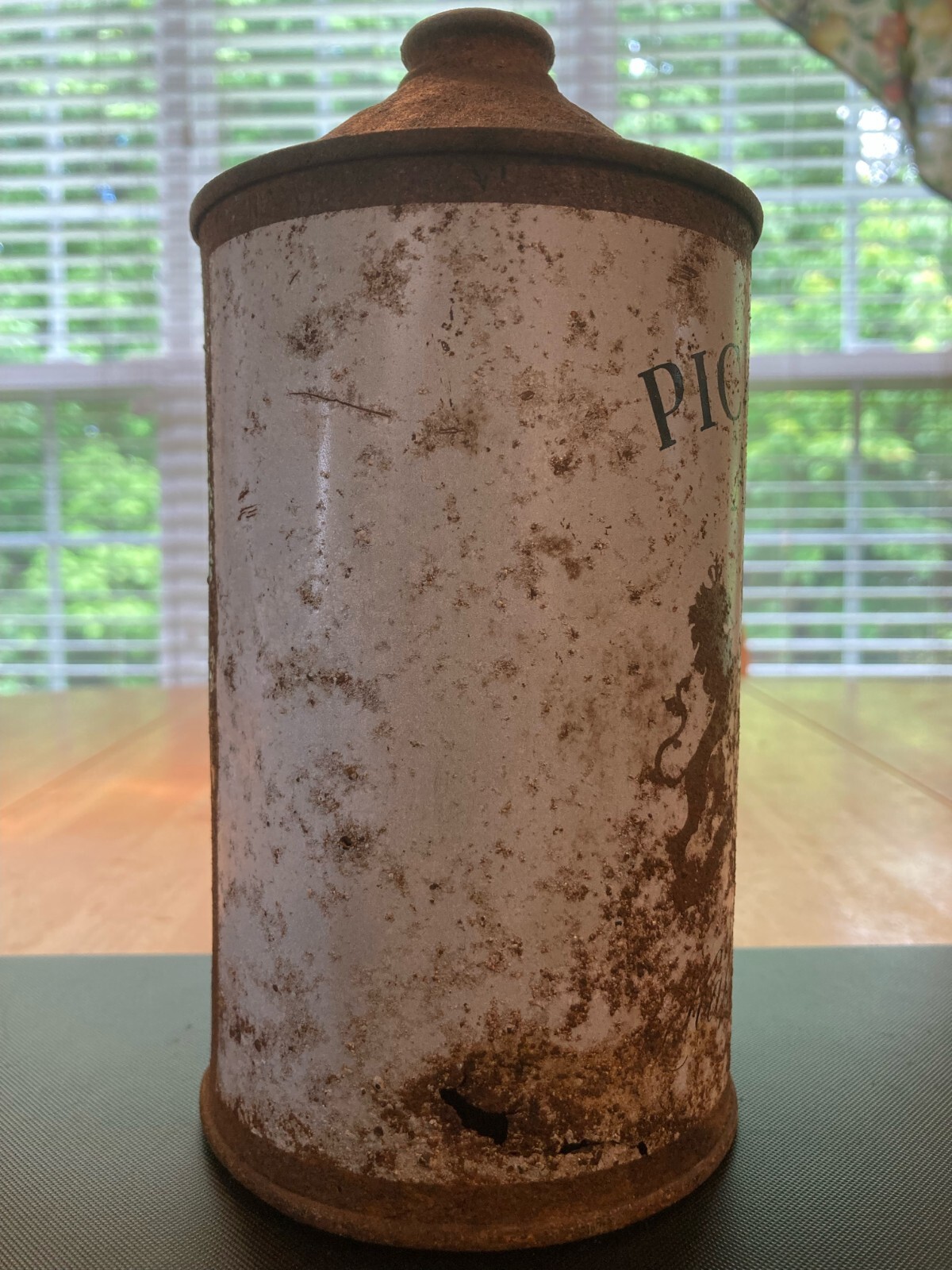 Pickwick Ale, Quart Cone IRTP, Empty Outdoor Can, Small Holes, Dented Bottom