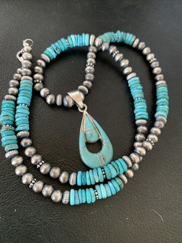 Pre-owned Handmade Womens Blue Turquoise Inlay Pendant Navajo Pearls Sterling Silver Necklace 12501