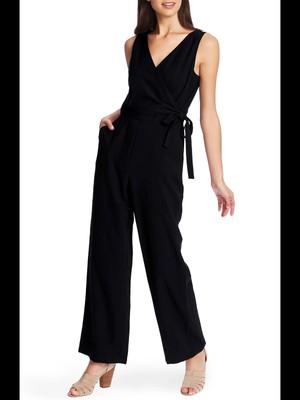 

1. Женский черный вечерний комбинезон с широкими штанинами без рукавов и V-образным вырезом STATE