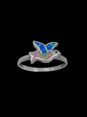 Tiny Flying Bird Ring, Blue and Pink opal, Size: 6