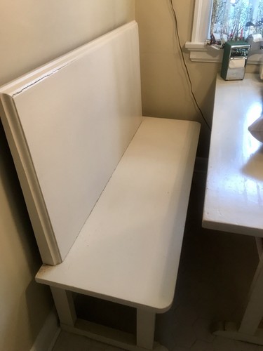 VINTAGE Breakfast Nook Table & 2 BENCHES~IVORY PAINTED WOOD~NICE