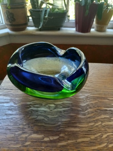 工芸品 Vetri Murano Ashtray Murano Heavy Art Glass Ashtray Cobalt Blue Lime Green