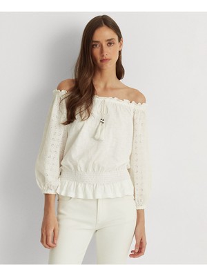

LAUREN RALPH LAUREN Женский белый топ с баской и рукавами-пуфом с кисточками на шнурке