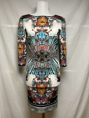 Clover Canyon Bod-Con Fitted Scuba Sheath Dress Sz M Colorful 3/4 Sleeve Floral