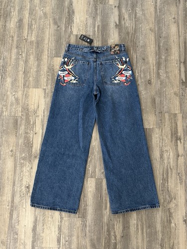 Ed Hardy Y2K Buckle Back Denim Jeans Size 34x32 Wide Leg