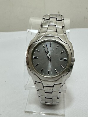 Citizen Eco-Drive Watch Men 38mm Silver Tone Date Gray Dial E111-S022240 Running