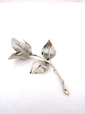 Giovanni Vintage Silver Tone Rose Bud Long Stem with Leaves Brooch 3''