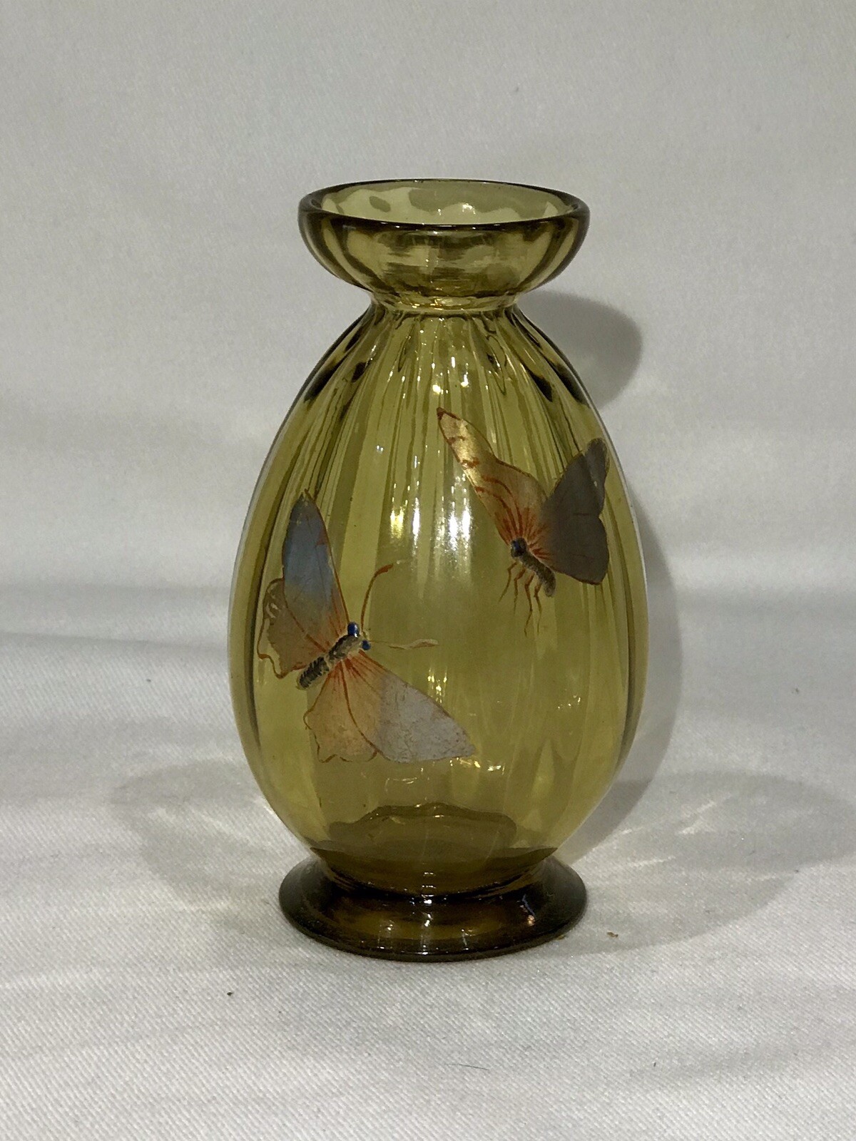 Small Antique Amber Swirl Spiral Ribbed Art Glass Vase Enameled Butterflies