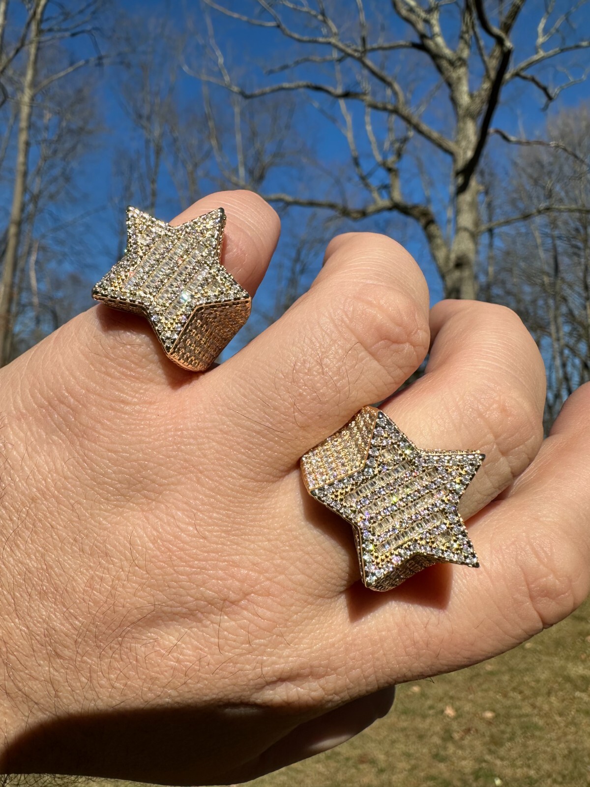 Pre-owned Silver 4.65ct Moissanite 14k Gold Plated 925  Iced Baguette Star Ring Pass Tester