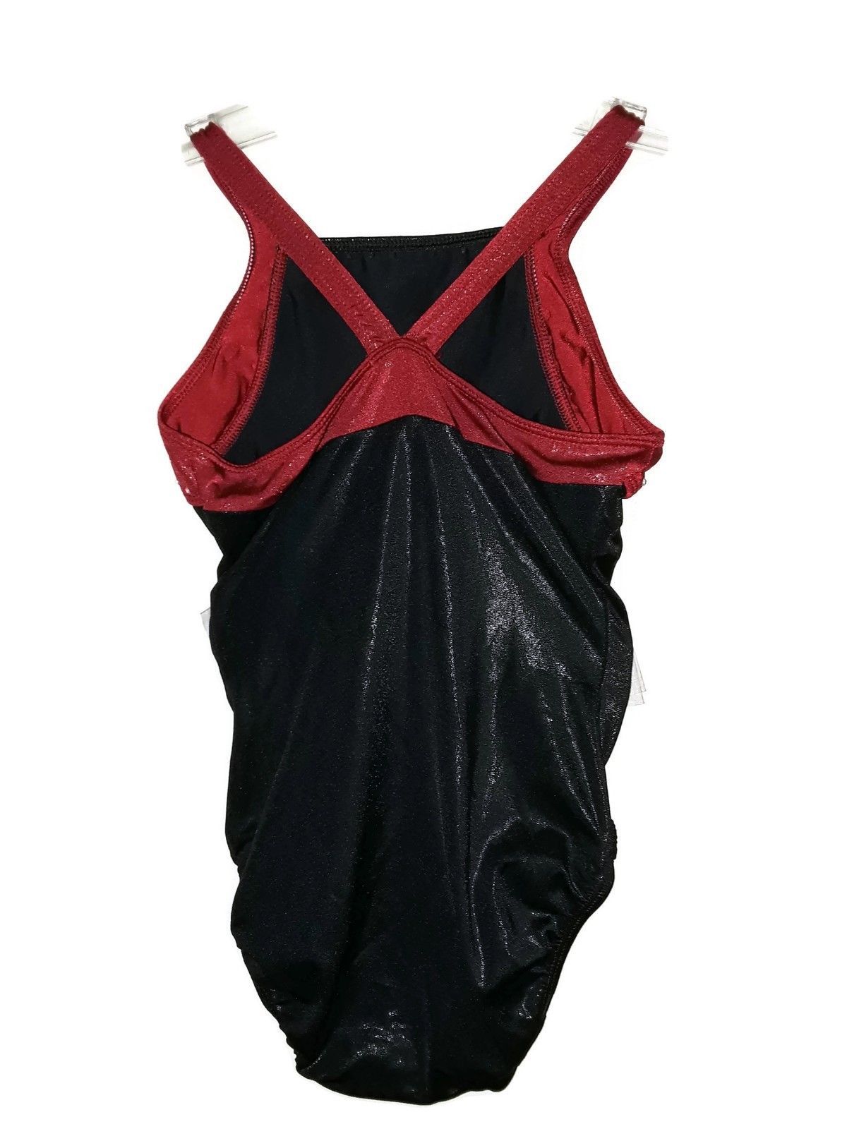 GK ELITE Size AS S Leotard Black Red Shimmery Rhinestones Gymnastics