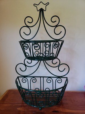 Green CoatedMetal Plant Holder Basket Home Decor Wall Hang Tabletop Two Tier 