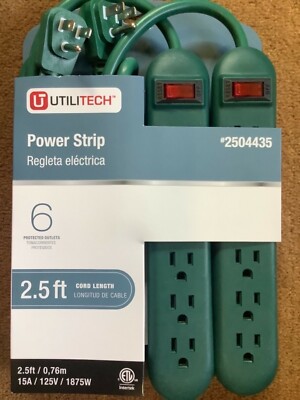 Power Strips 2 PK UTILITECH 6 Grounded Outlets 2.5 ft Cord 15 Amp Same Day Ship 